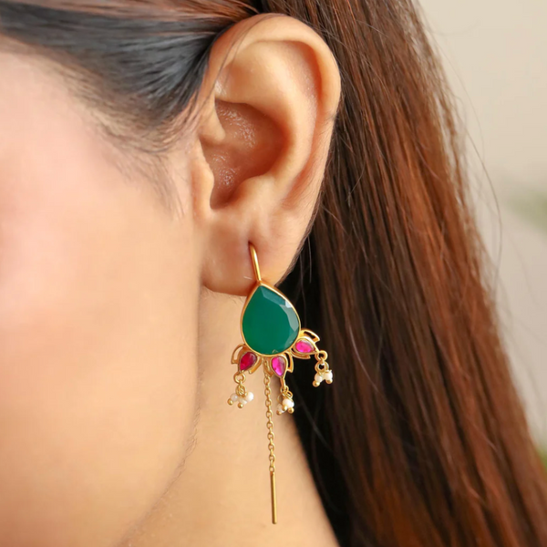 92.5 Silver Green Majestice Sui Dhaga Earrings