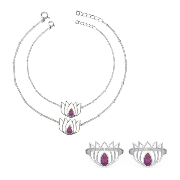 92.5 Sterling Silver Lotus Toe ring with Pink Stone Anklet Set