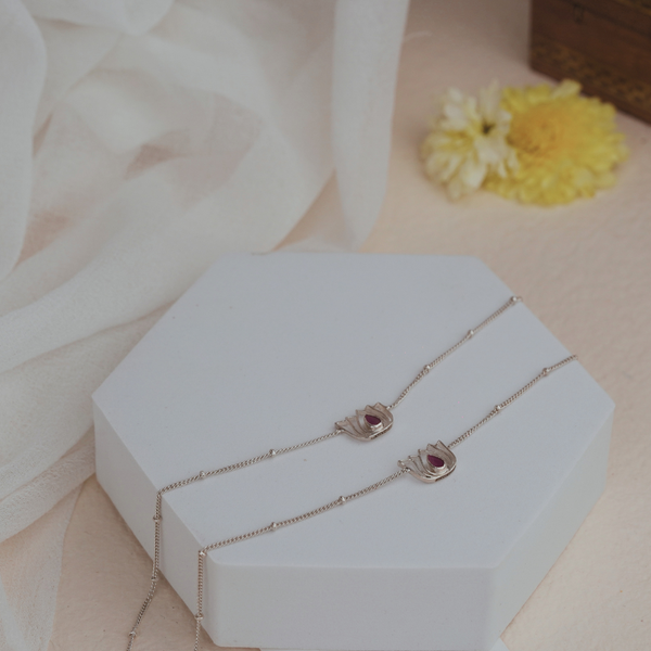 92.5 Sterling Silver Lotus Toe ring with Pink Stone Anklet Set
