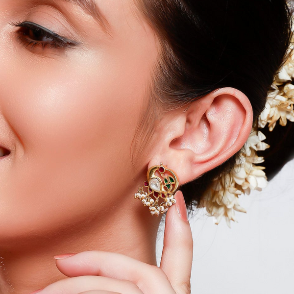 92.5 Sterling Silver Swan Motif Kundan Stud Earrings